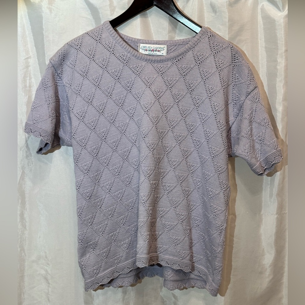 90s Vintage Chelsea Gardens Lavender Knit Top Scalloped Hem M USA Made